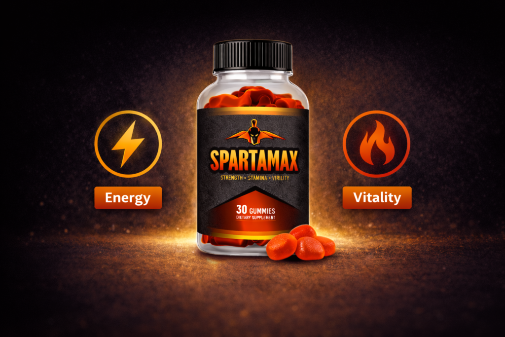 Spartamax bottle with icons showing energy, stamina, and vitality support