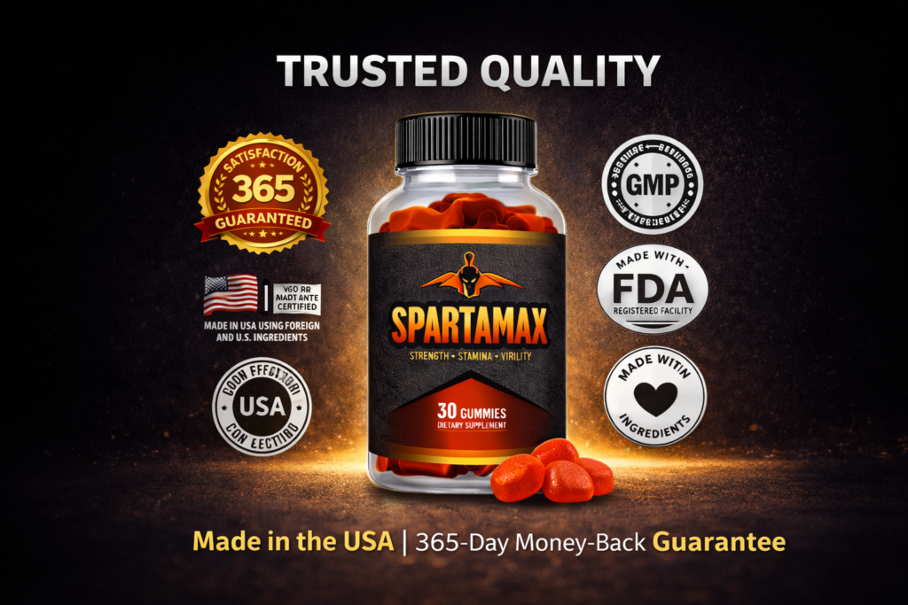 Spartamax dietary supplement bottle with quality and safety certifications